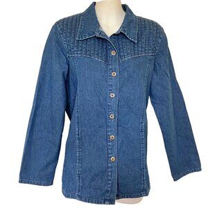 Denim Button Up Women's Shirt with Pleated Yoke Vintage 90s Cloud Nine Pockets